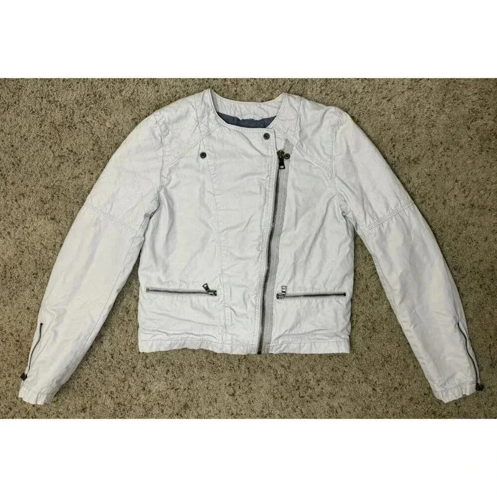 GAP Women’s Gray Canvas 2-way Moto Asymmetric Zip Jacket Cotton 12 Tall Biker